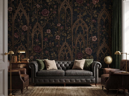 Wide view of the dark damask wall with a chesterfield sofa, armchair and desk lamps