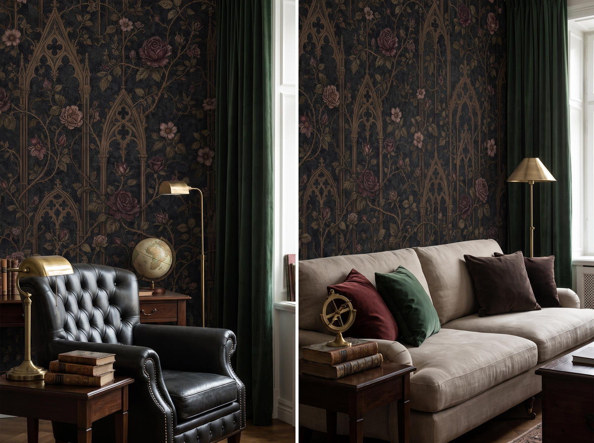 Two views of the gothic rose wallpaper: a leather reading chair, and a linen sofa beside green curtains