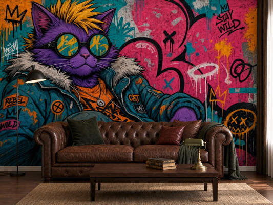 Graffiti mural of a purple cat in teal sunglasses above a brown leather chesterfield sofa