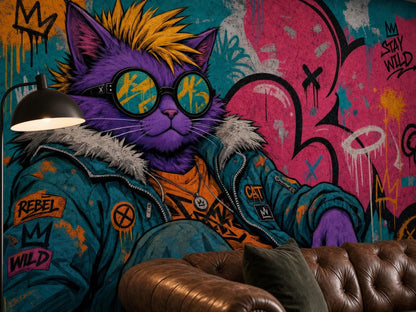 Close view of the cat's face, spiky yellow hair and teal street jacket against hot pink graffiti