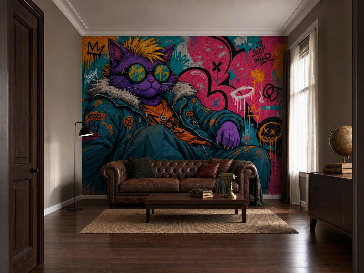 The graffiti cat mural on a side wall of a room with a leather sofa and a wooden sideboard