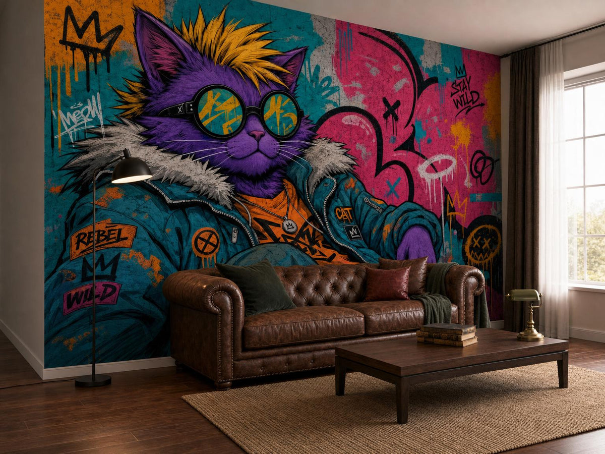 Graffiti cat mural beside a bright window, with a leather sofa and a wooden coffee table