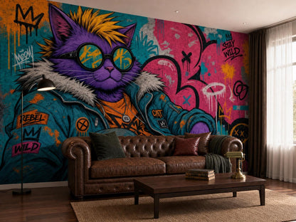 Wide room with the graffiti cat mural, a chesterfield sofa, curtains and a brass lamp
