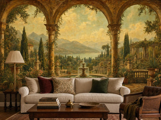 Italian garden mural with stone arches and a fountain behind a pale sofa and a dark wood coffee table