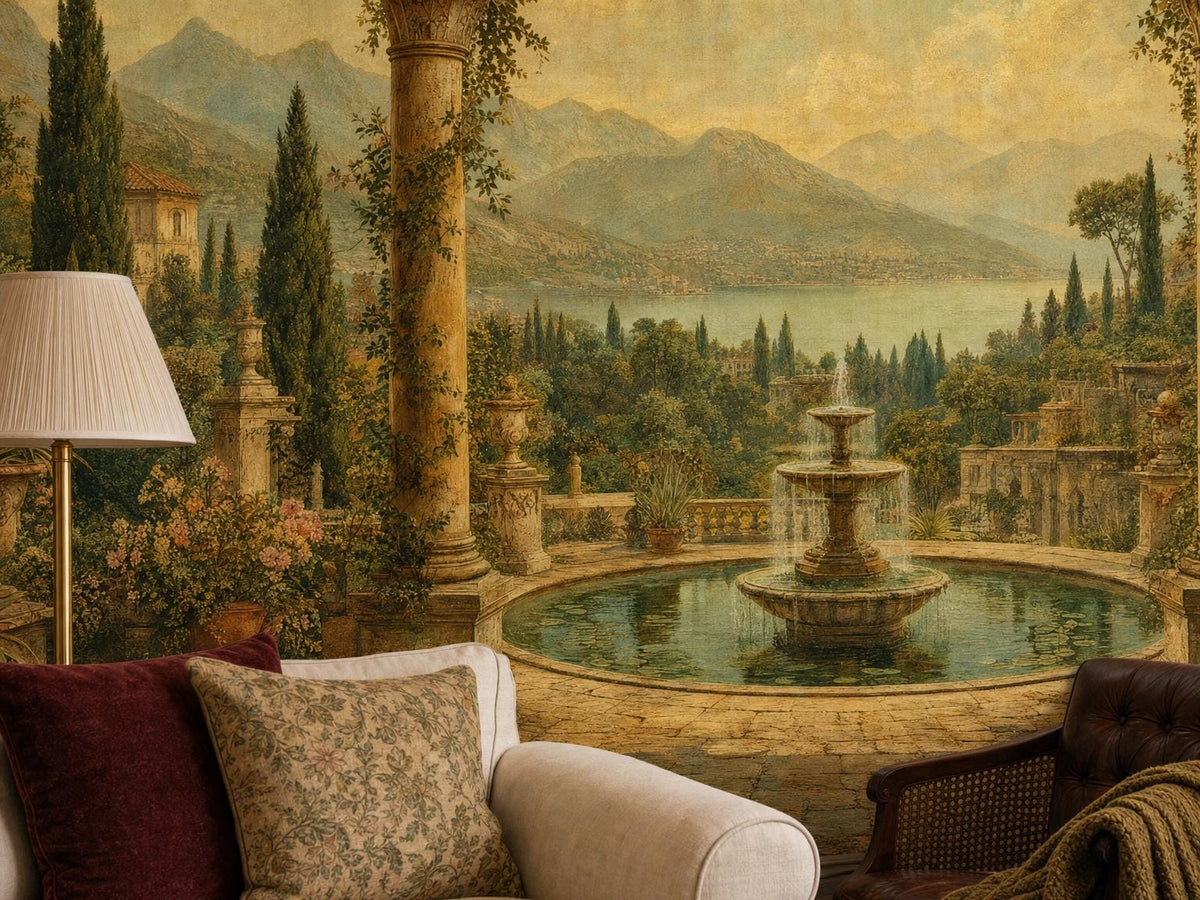 Close view of the tiered fountain, jade pool and cypress trees in the garden mural