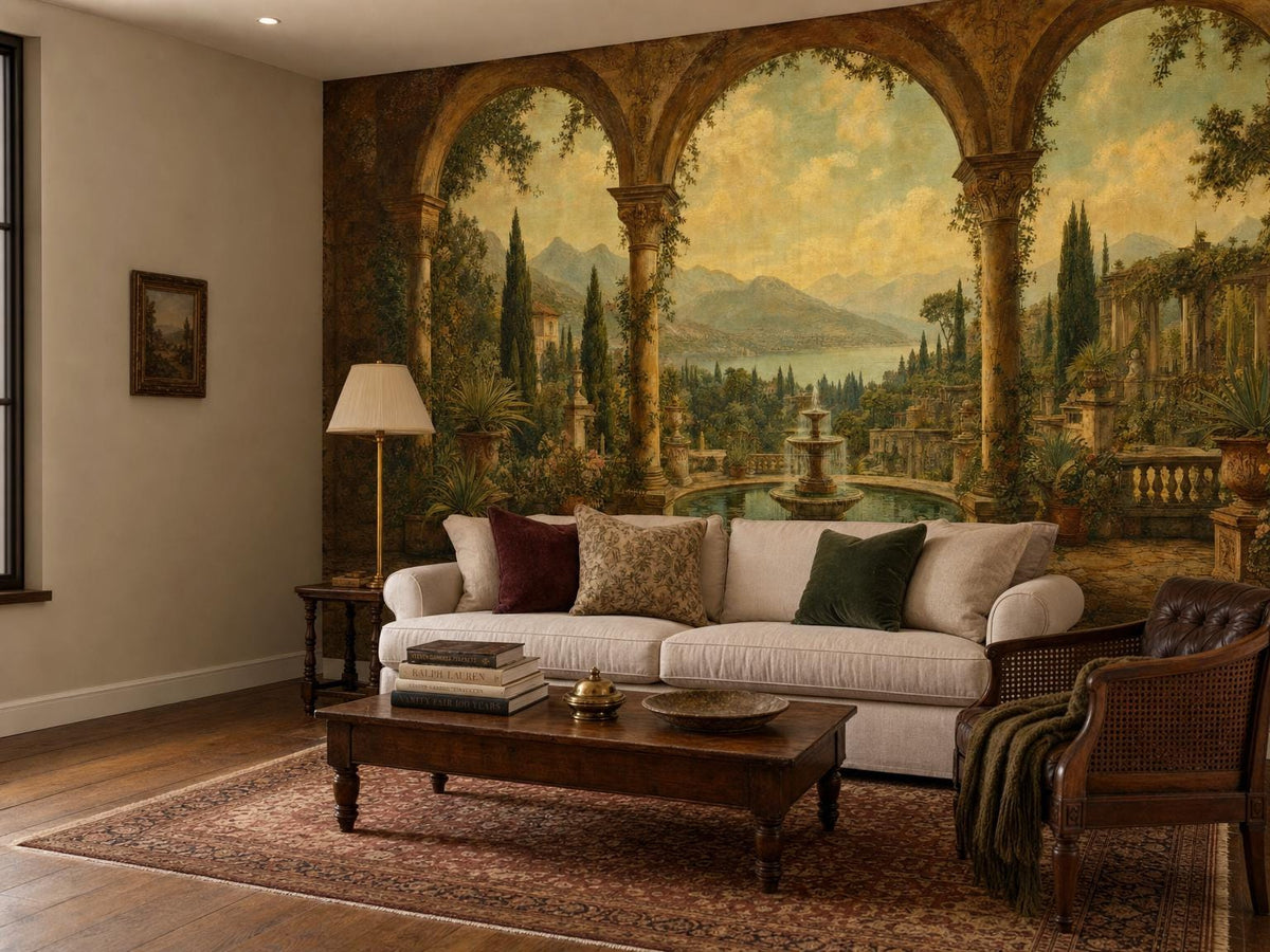 The garden mural on the far wall of a living room, with a cream sofa, patterned rug and dark table