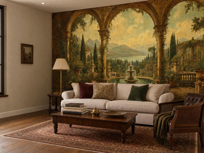 The garden mural on the far wall of a living room, with a cream sofa, patterned rug and dark table