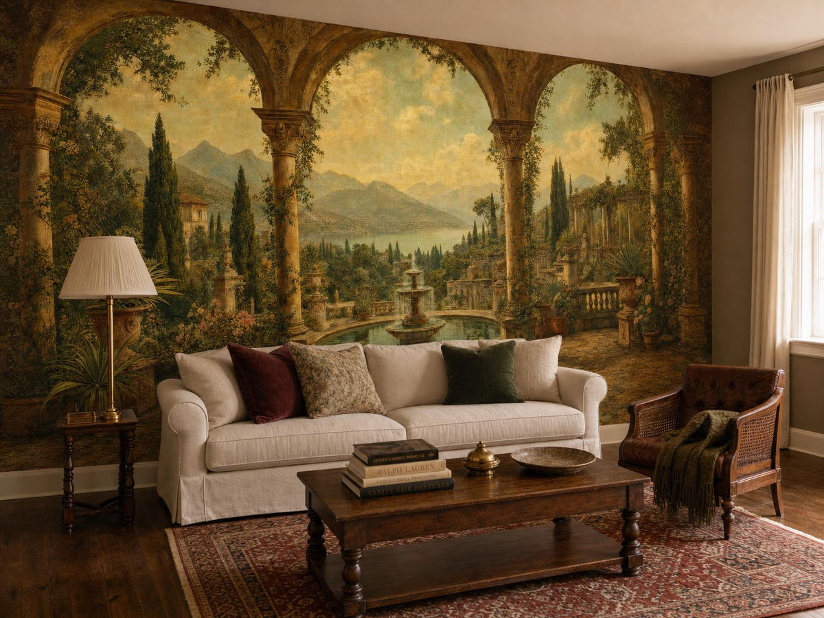 Italian garden mural beside a curtained window, with a slipcovered sofa and a cane armchair