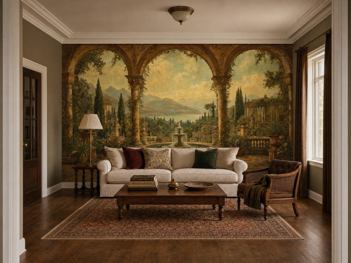 Wide room with the garden arches mural, a pale sofa, wooden floor and a bright window