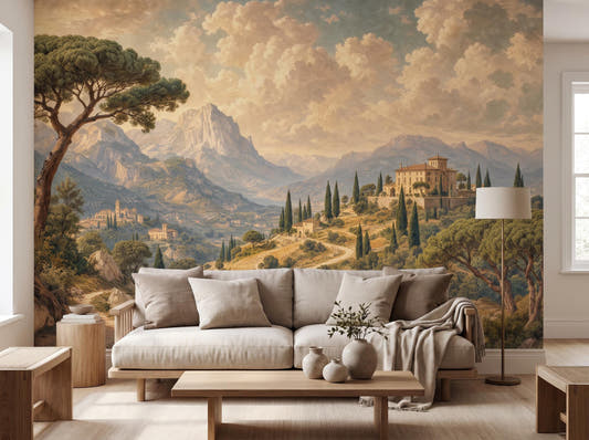 Italian mountain villa wall mural behind a linen sofa, with an oak coffee table and a floor lamp