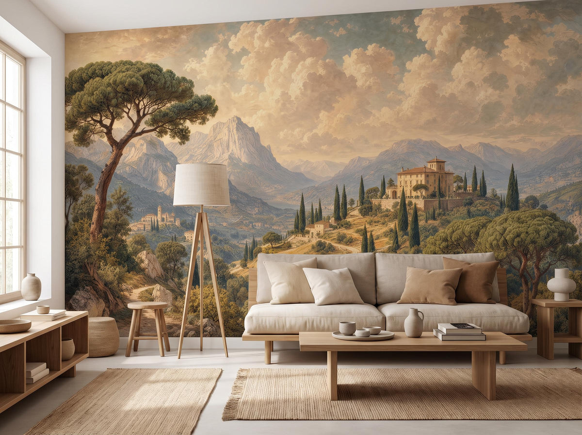 Tuscan landscape mural filling a living room wall beside a bright window, with a linen sofa and a jute rug