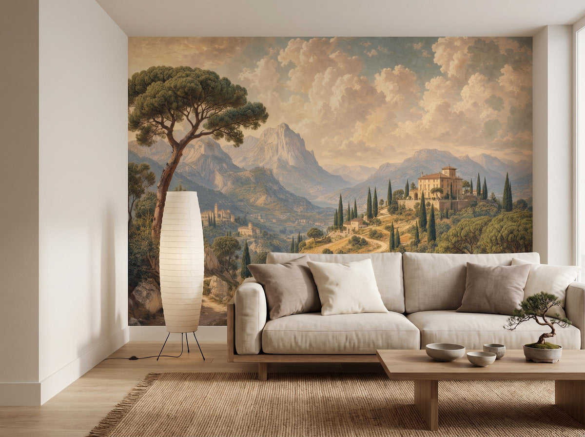 Italian villa mural across a wide wall, with a paper floor lamp, linen sofa and low oak table