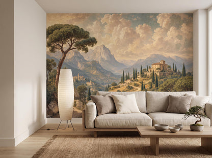 Italian villa mural across a wide wall, with a paper floor lamp, linen sofa and low oak table