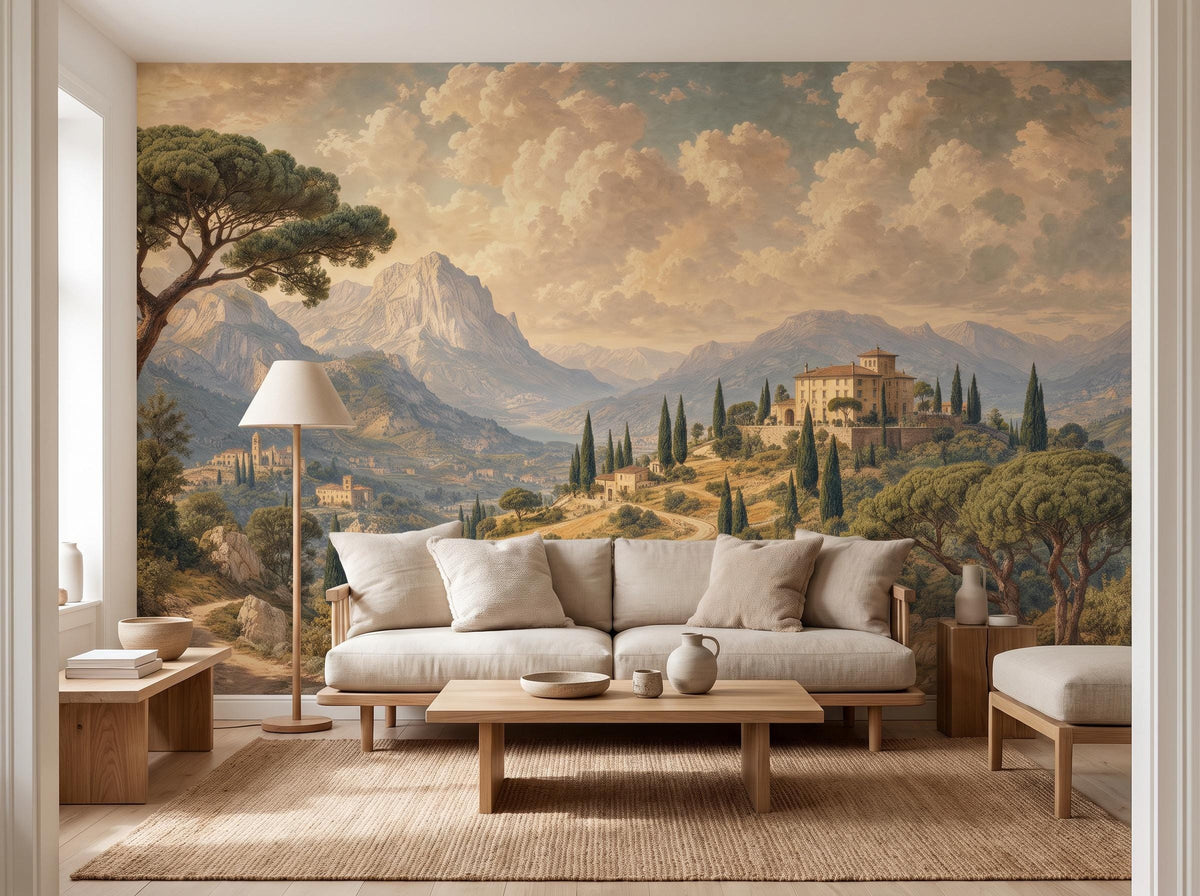 Tuscan valley mural behind a pale linen sofa in a corner room with tall windows