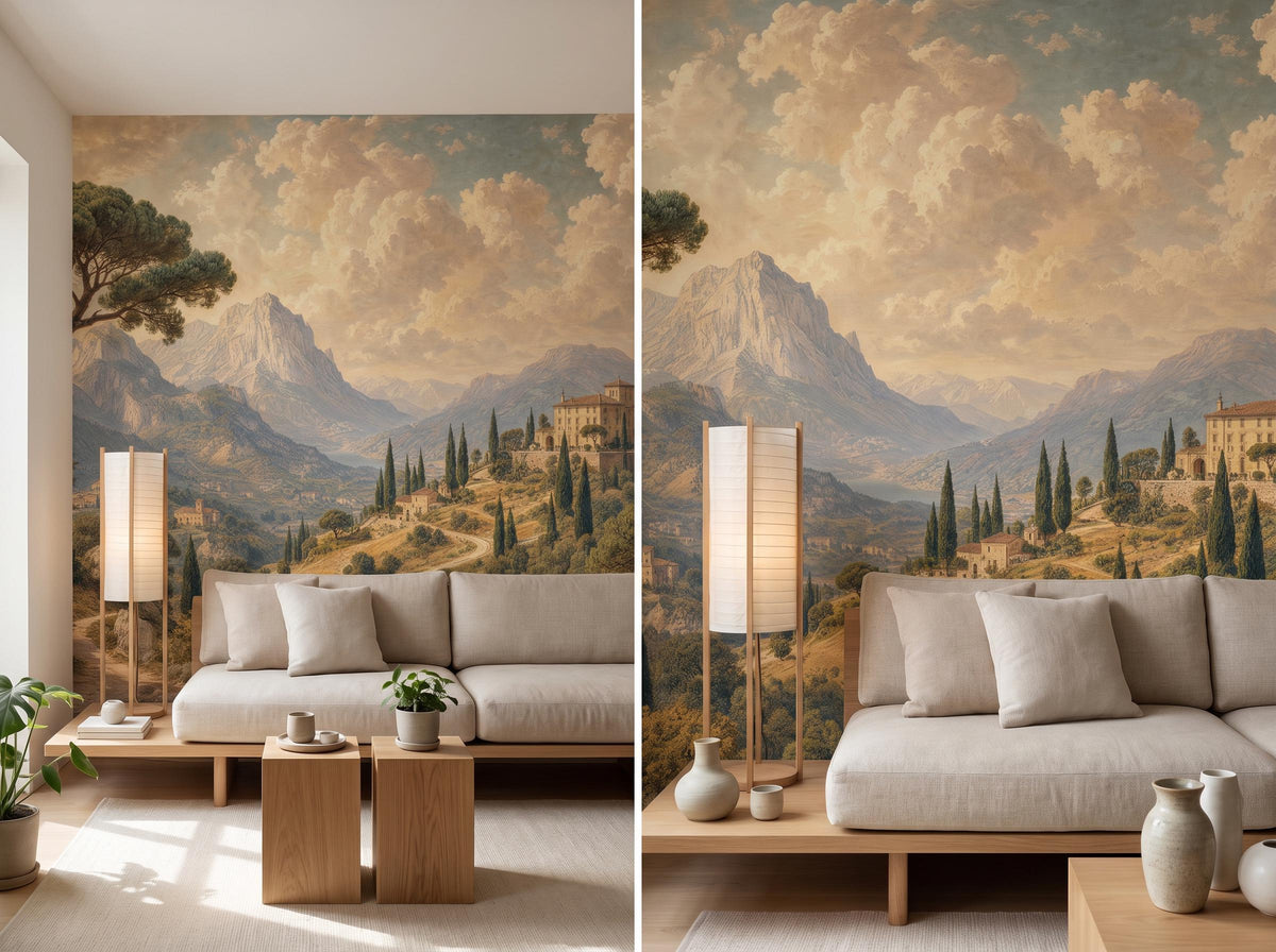 Two views of the Tuscan landscape mural: the full wall in a sunlit room, and a closer view of the villa and cypress trees