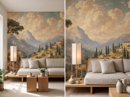 Two views of the Tuscan landscape mural: the full wall in a sunlit room, and a closer view of the villa and cypress trees