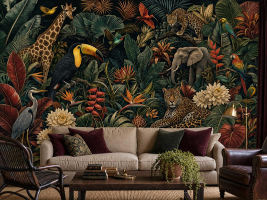 Dark jungle wildlife wallpaper with a toucan, giraffe and elephant behind a cream sofa with burgundy cushions
