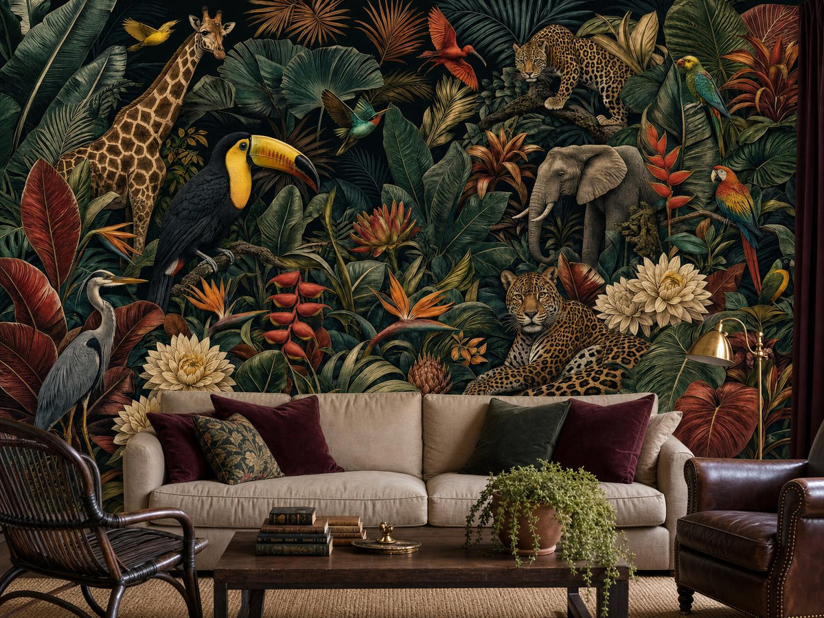 Dark jungle wildlife wallpaper with a toucan, giraffe and elephant behind a cream sofa with burgundy cushions