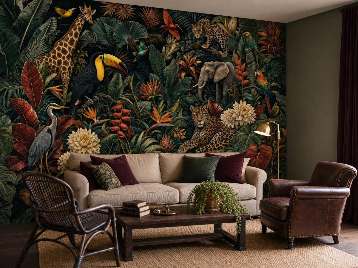 The jungle wallpaper across a living room wall, with a cream sofa, rattan chair and dark coffee table