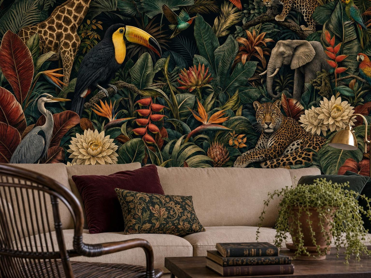 Close view of the toucan, heron and leopard among banana leaves and ivory dahlias