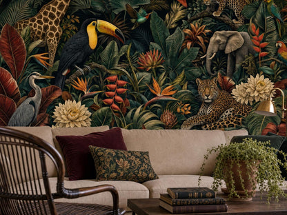 Close view of the toucan, heron and leopard among banana leaves and ivory dahlias