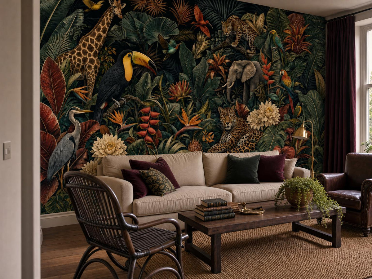 Corner room with the jungle wildlife wallpaper, a cream sofa and a trailing plant