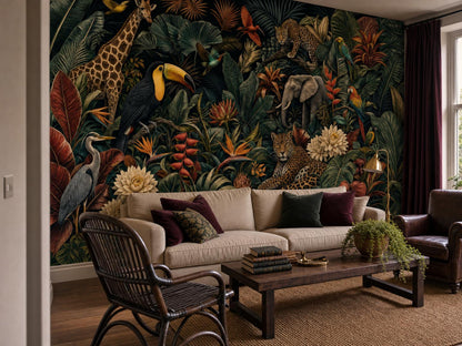 Corner room with the jungle wildlife wallpaper, a cream sofa and a trailing plant