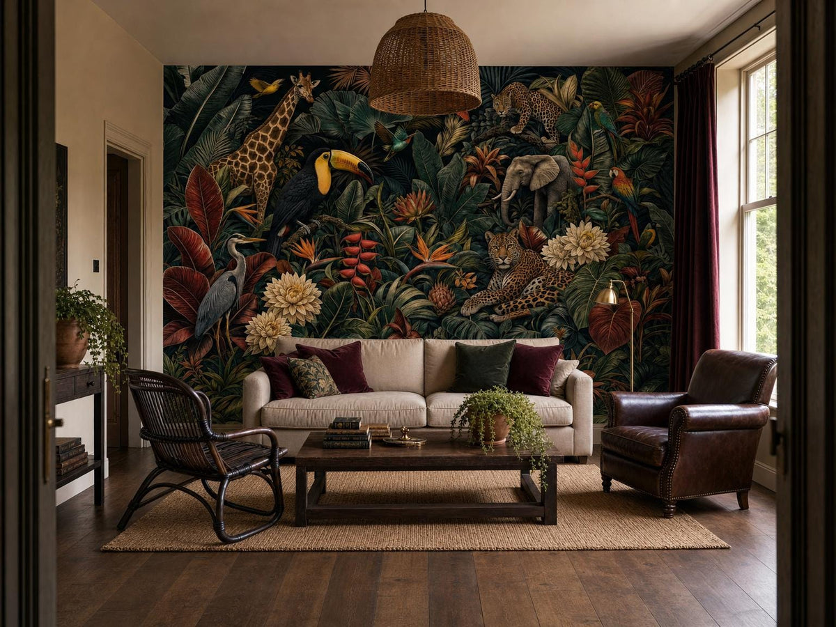 Wide living room with the dark jungle wallpaper, a rattan pendant and a bright window