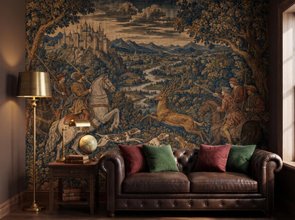 The tapestry mural across a wall, with a leather sofa, brass floor lamp and a globe
