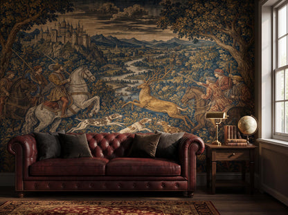 Tapestry mural beside a window, with an oxblood leather sofa and a Persian rug