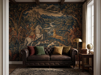Corner room with the medieval tapestry mural, a leather sofa and a bright window
