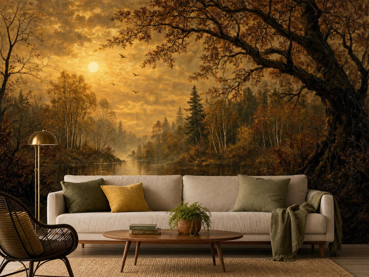Misty forest lake mural at amber dusk behind a cream sofa with olive cushions and a floor lamp