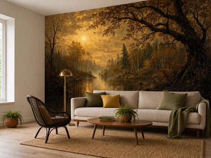The forest lake mural across a full wall, with a cream sofa, rattan chair, round table and jute rug