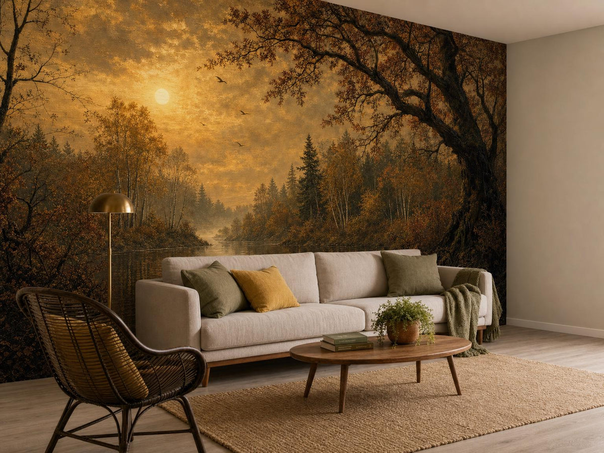 Corner view of the misty forest lake mural with a cream sofa, rattan armchair and low coffee table