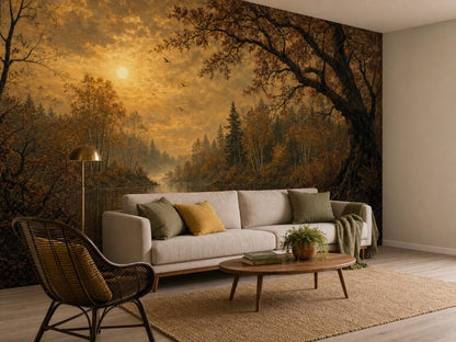 Corner view of the misty forest lake mural with a cream sofa, rattan armchair and low coffee table