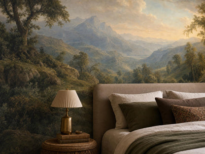 Close view of the valley, distant peak and cream sky in the mural, beside a brass bedside lamp