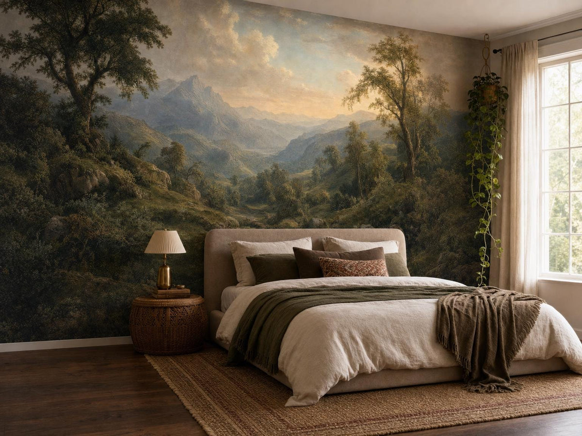 The valley mural beside a bright window, with a linen bed and a jute rug