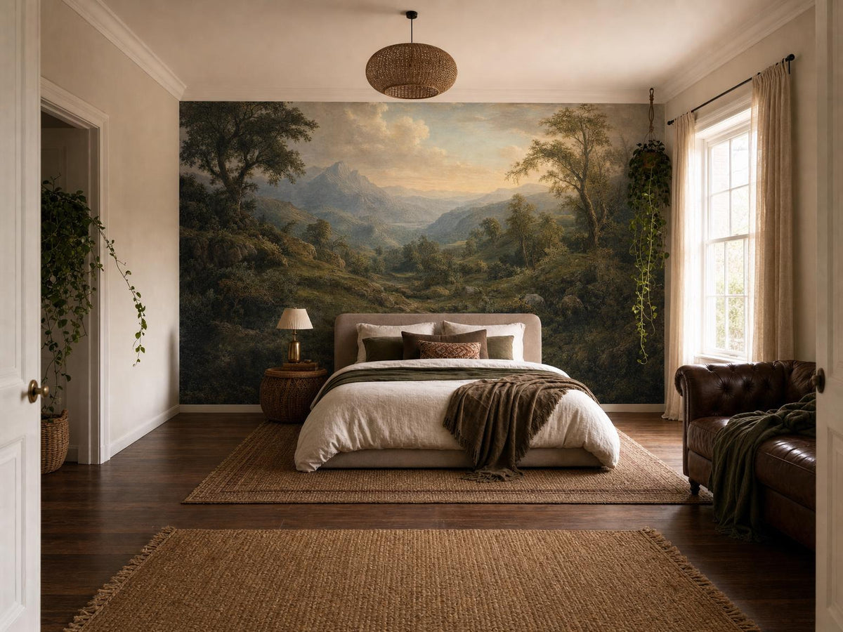 Wide bedroom with the mountain valley mural, a linen bed, leather chair and dark wood floor