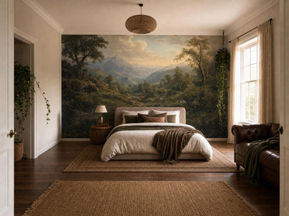 Wide bedroom with the mountain valley mural, a linen bed, leather chair and dark wood floor