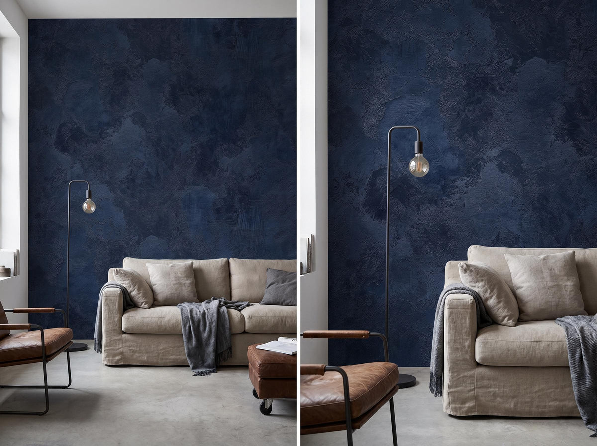 Two views of the navy limewash mural: the full wall behind a linen sofa, and a closer view of the brushed plaster texture