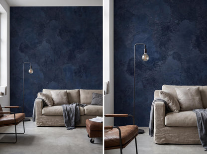 Two views of the navy limewash mural: the full wall behind a linen sofa, and a closer view of the brushed plaster texture