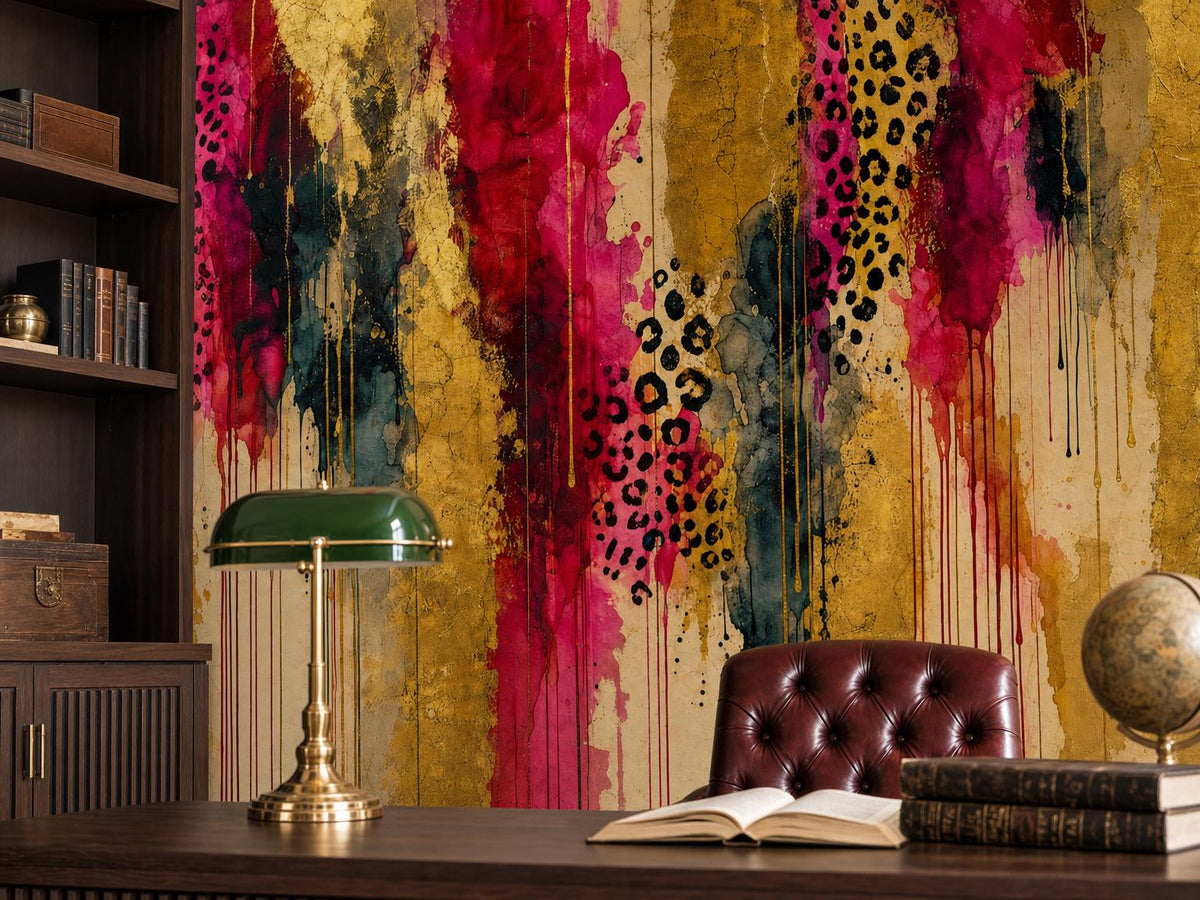 Close view of the gold, magenta and leopard-spot passages behind a leather desk chair and a brass lamp