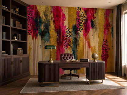 The abstract wallpaper on a study wall with fitted bookcases, a desk and a pale rug