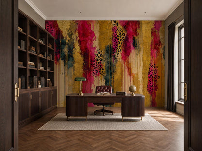 Wide view of the study through a doorway, with the abstract wallpaper, herringbone floor and bookcases