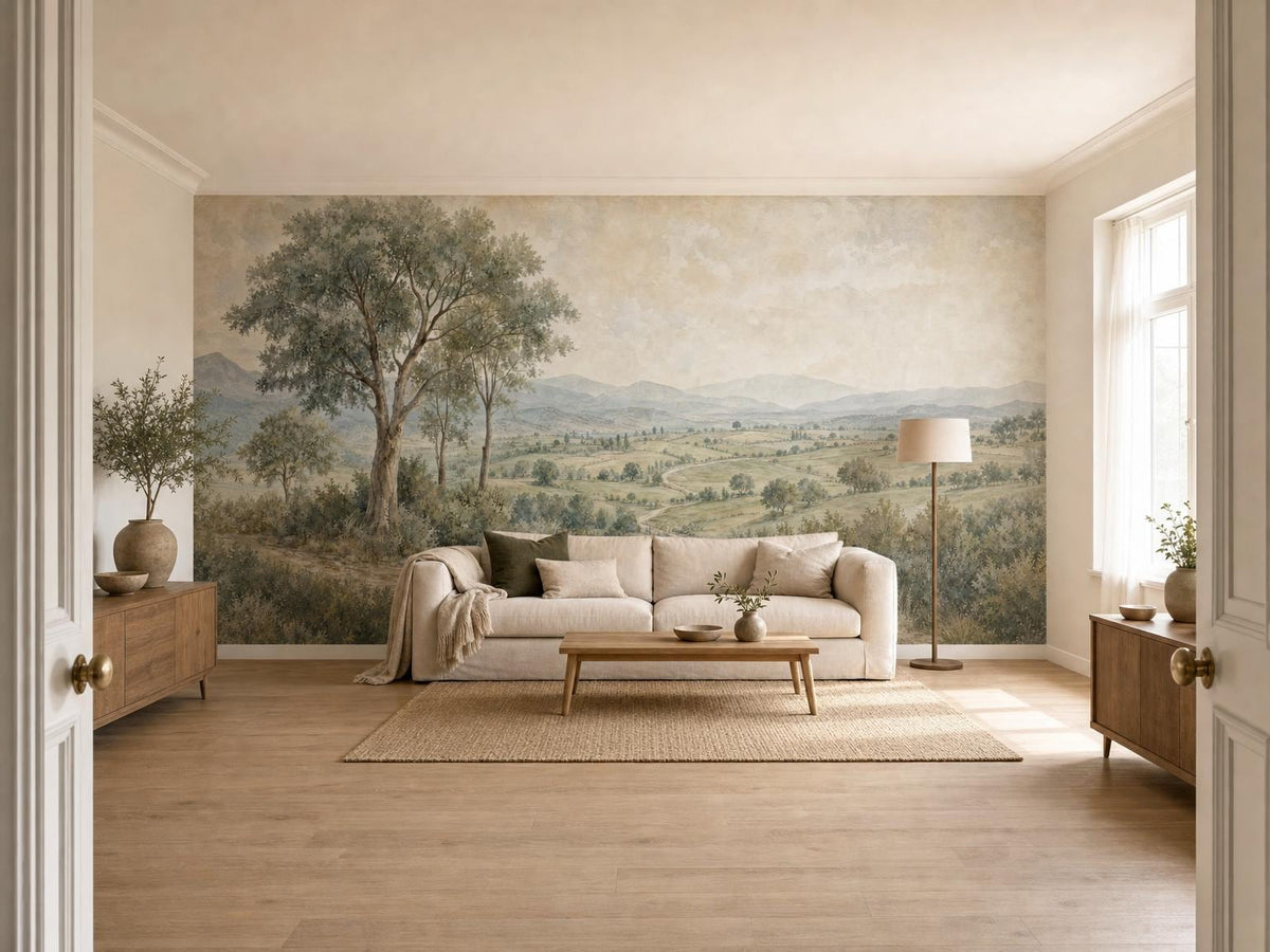 Wide living room with the countryside mural, a cream sofa, sideboard and bright window