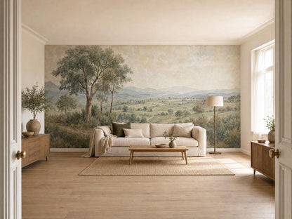 Wide living room with the countryside mural, a cream sofa, sideboard and bright window