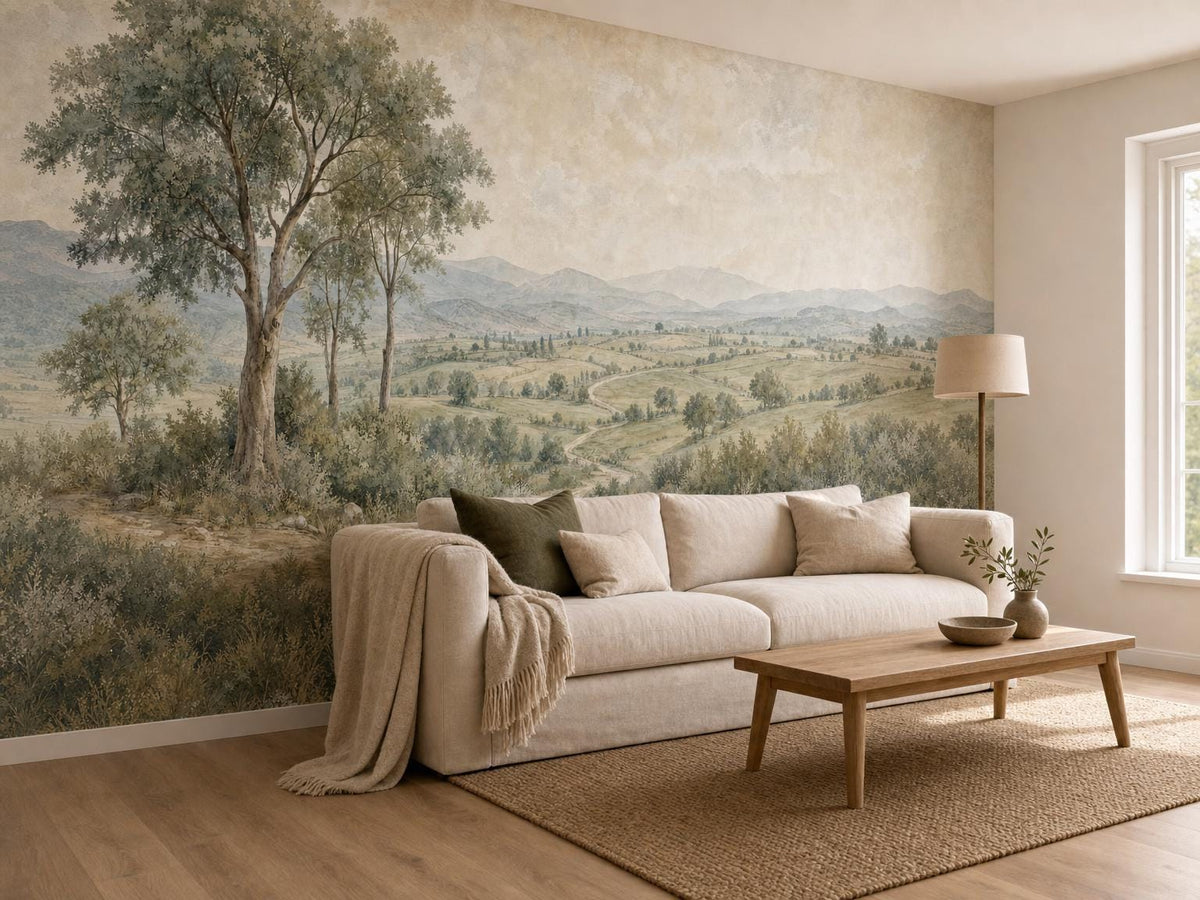 Corner room with the warm grey countryside mural, a cream sofa and a jute rug