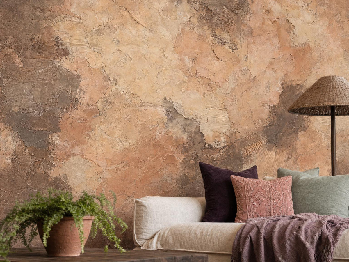Close view of the dark brown limewash wall, with scraped clay and cocoa passages, beside a linen sofa with plum and sage cushions