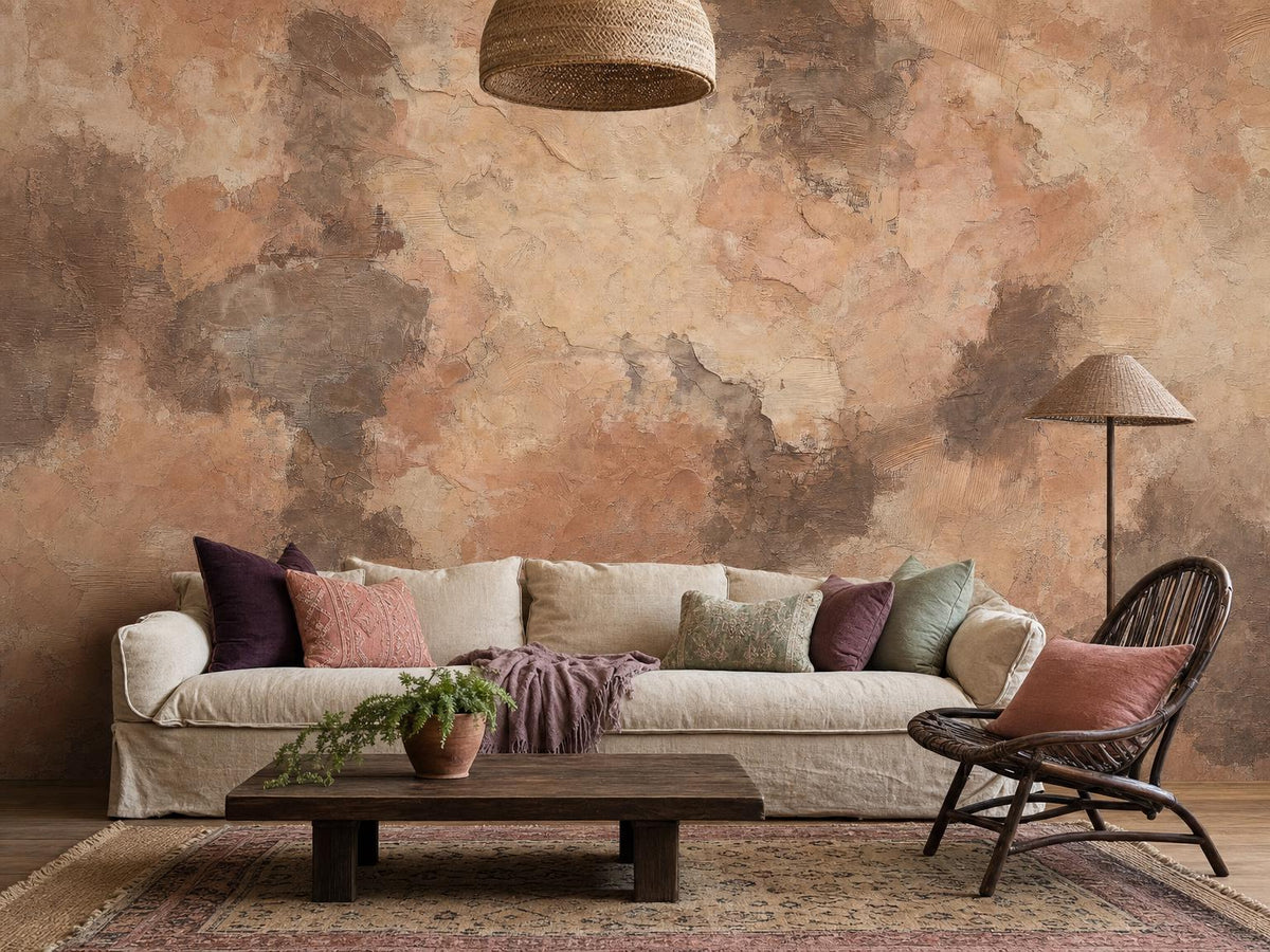 Dark brown limewash wall behind a low linen sofa, with a wooden coffee table, spindle chair and rattan pendant
