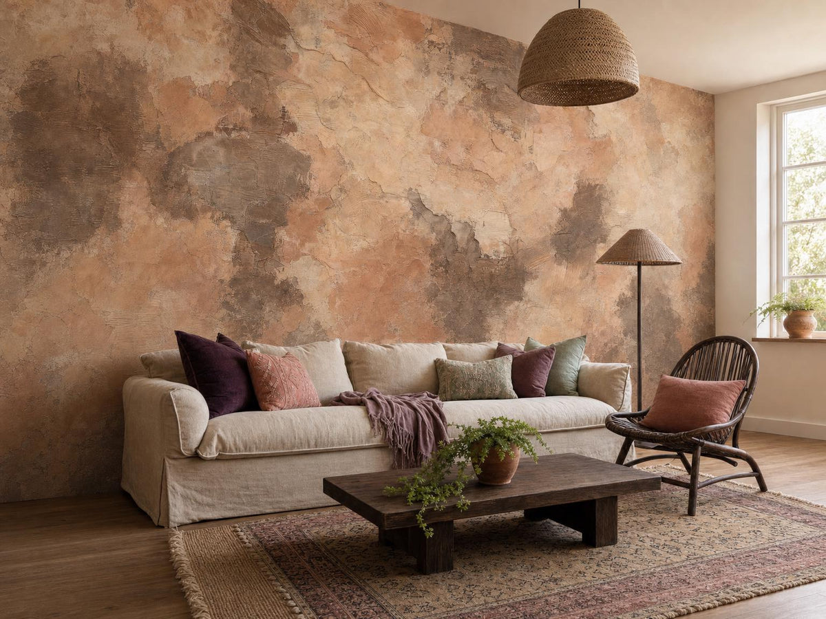 The limewash wall beside a window, with a linen sofa, patterned rug and potted plant